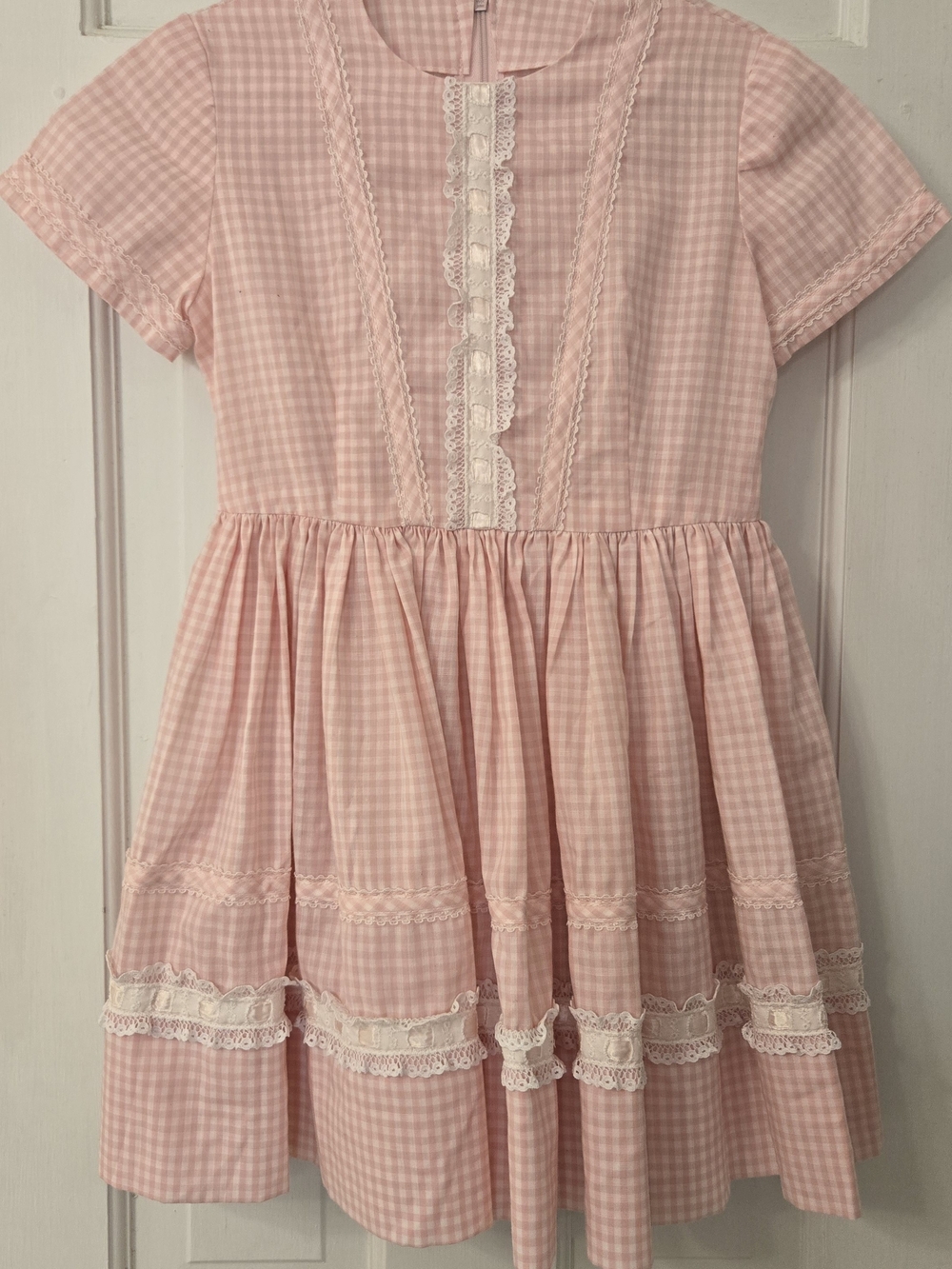 Pink Gingham Lace-Trim Girls Dress